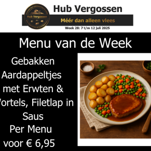 Menu van de Week: Gebakken Aardappeltjes met Erwten & Wortels, Filetlap in Saus, Per Menu voor € 6,95