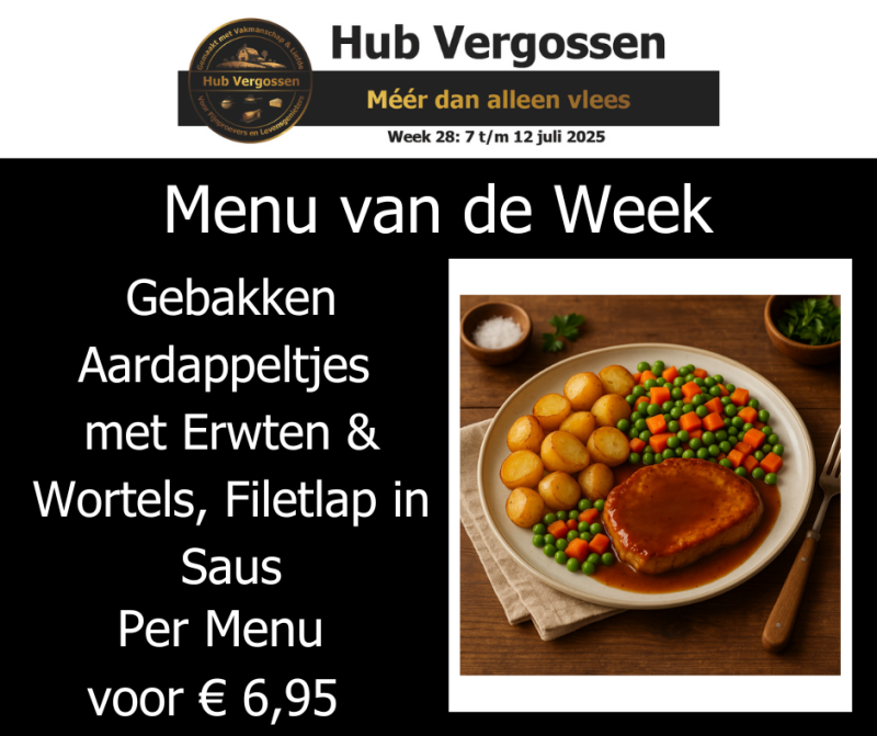 Menu van de Week: Gebakken Aardappeltjes met Erwten & Wortels, Filetlap in Saus, Per Menu voor € 6,95