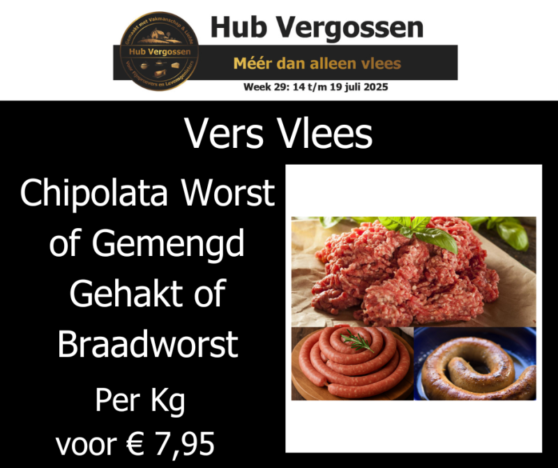Vers Vlees: Chipolata Worst of  Gemengd Gehakt of Braadworst Per Kg voor € 7,95