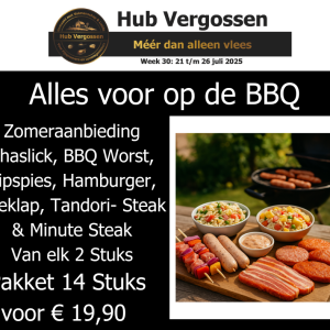Alles voor op de BBQ: Shaslick, BBQ Worst, Kipspies, Hamburger, Speklap, Tandori- Steak & Minute Steak (Van elk 2 Stuks) Pakket: 14 Stuks voor € 19,90
