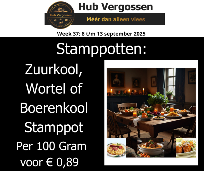 Stamppotten:  Zuurkool, Wortel of Boerenkool Stamppot Per 100 Gram € 0,89